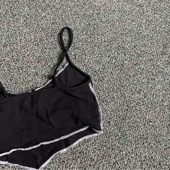 Black & White Contrast Stitching Ribbed Cropped Corset Tank Top Stretch Shirt - Picture 6 of 8